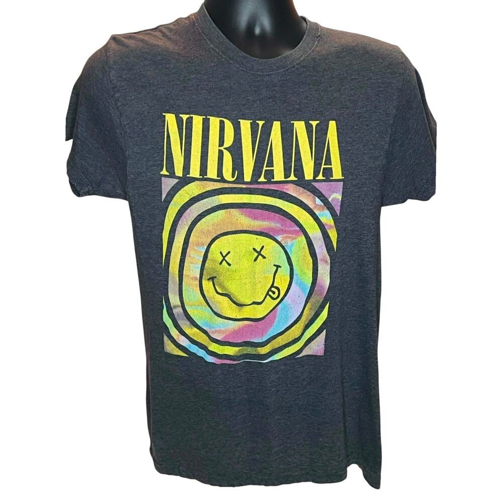 Nirvana Band Gray T-Shirt‎ Size Small Smiley Face Logo Psychedelic Tie-Dye Swirl